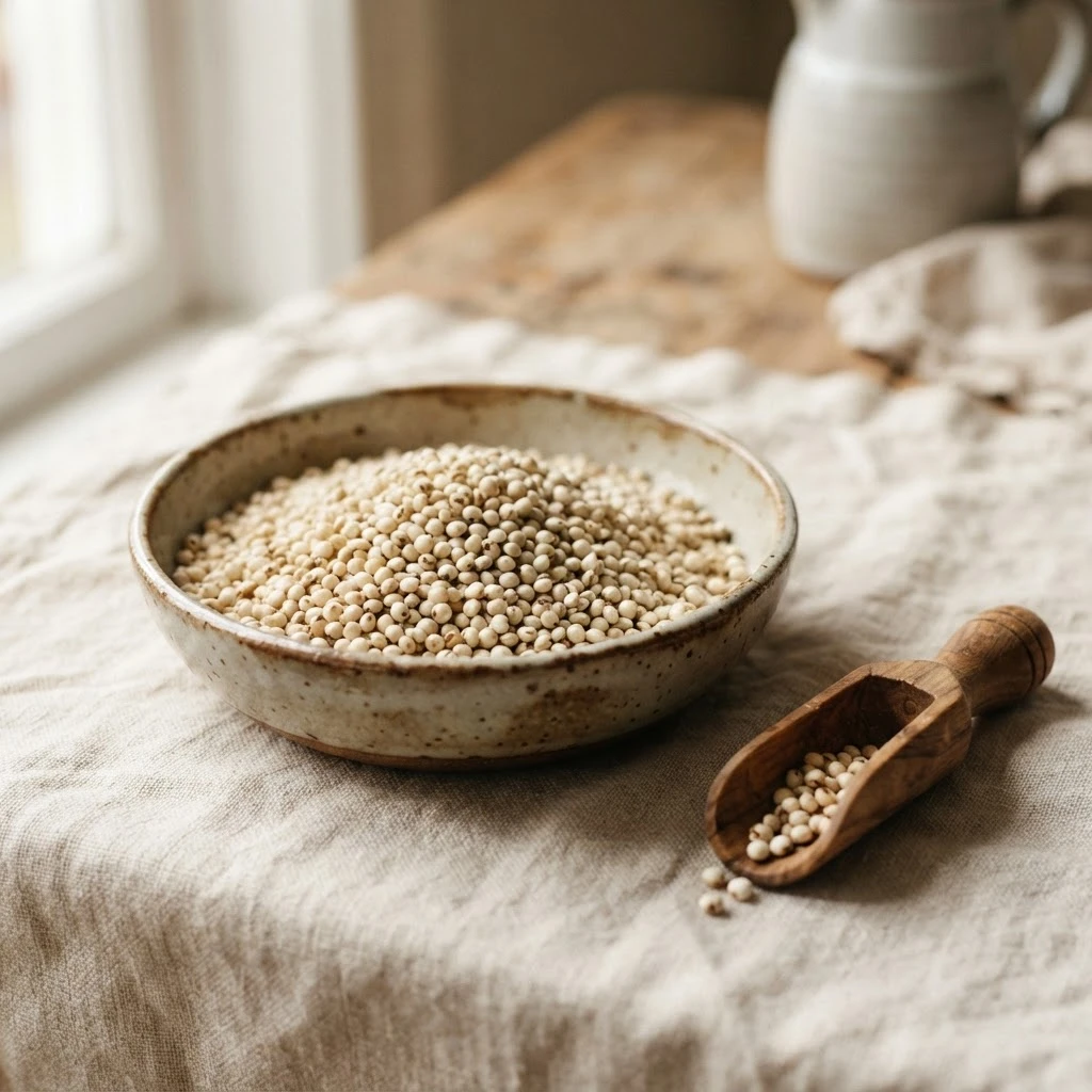 White sorghum (jowar) grains in a bowl