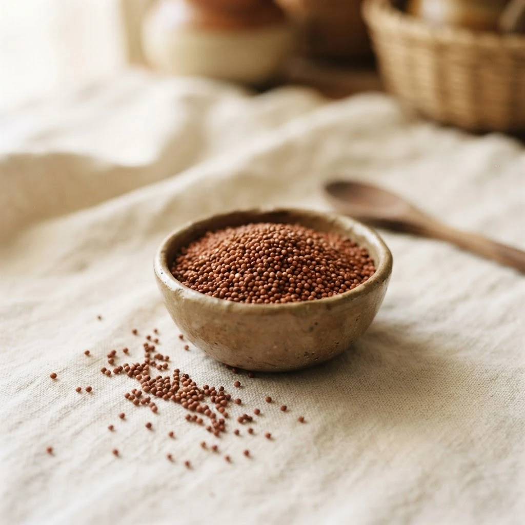 Finger millet (ragi) grains in a clay bowl