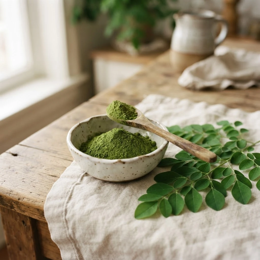 Moringa powder with fresh moringa leaves