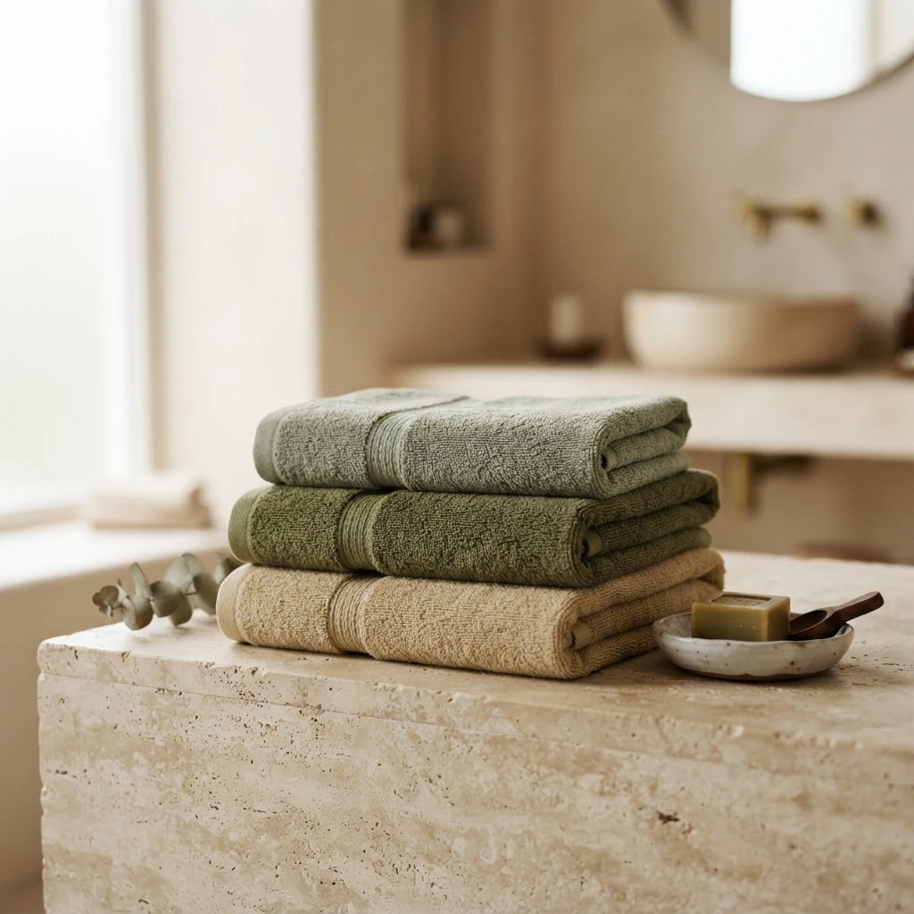 Folded terry towels in earth tones