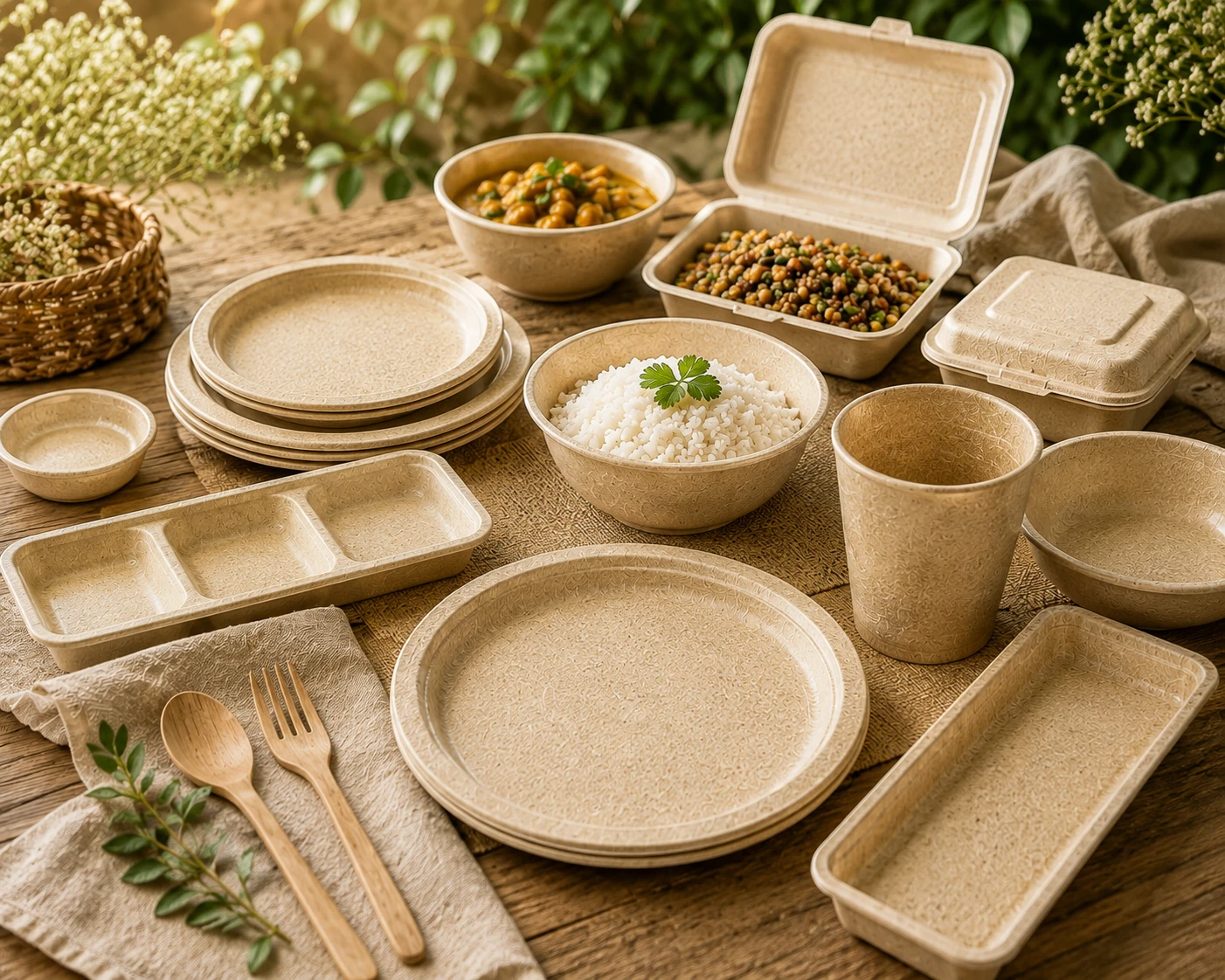 Rice straw and rice husk tableware